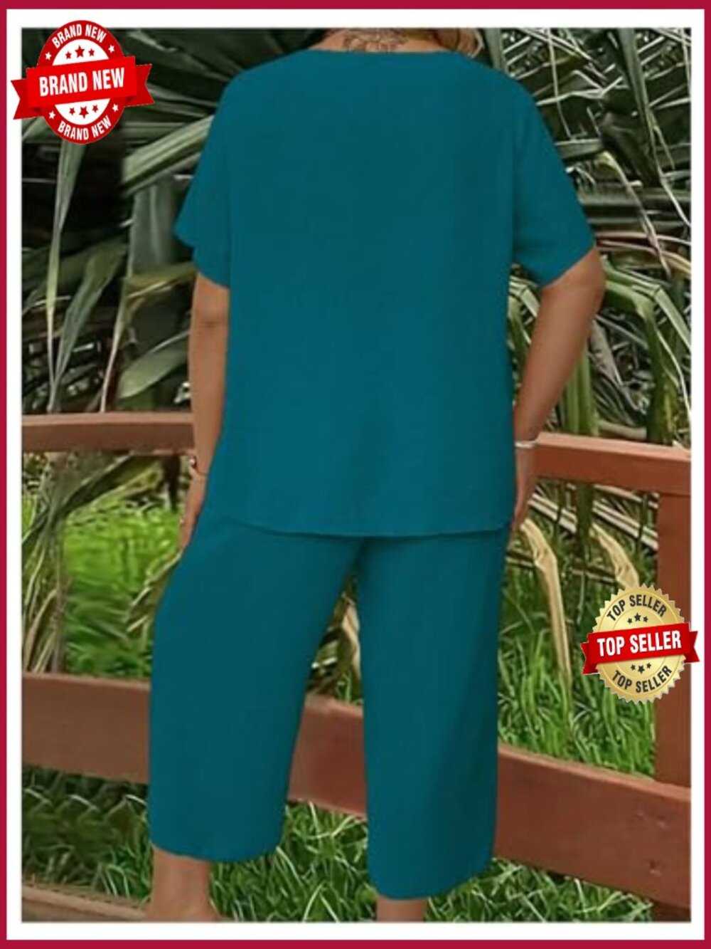 Plus Size 2 Piece Summer Outfit V Neck Top and Capris Set - Picture 2 of 5